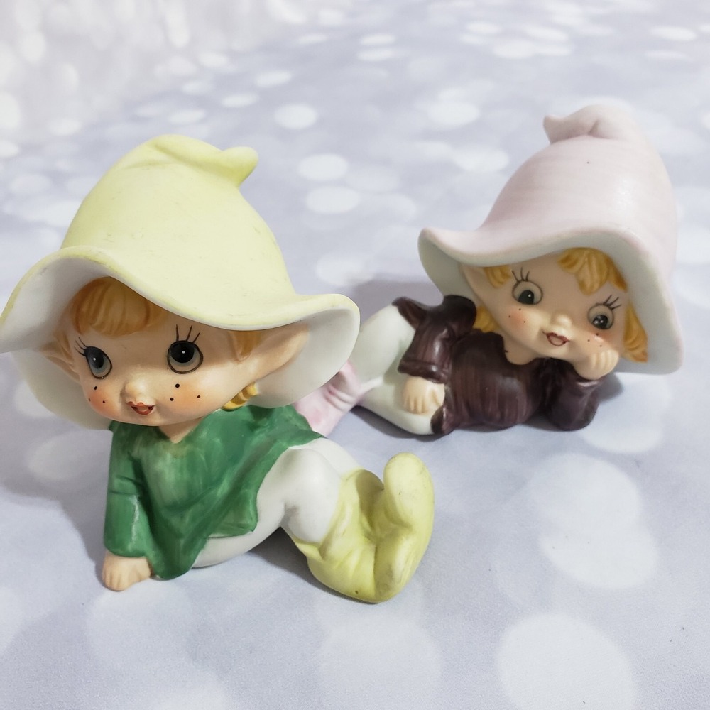 Vintage HOMCO Pixie Elves Figurines 5213 Set Home Interiors Green Pink Purple